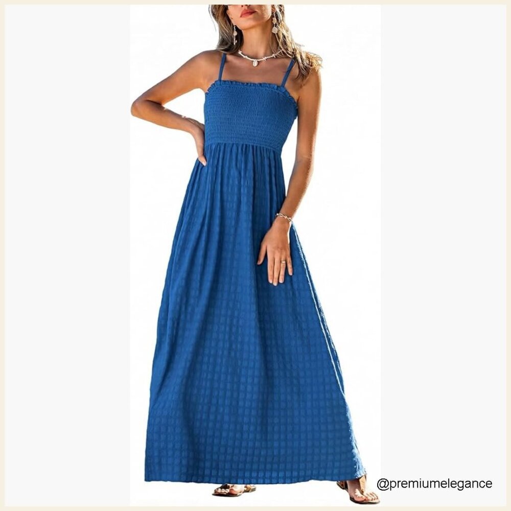 Boho Smocked Maxi Sundress, Spaghetti Strap, Polyester Spandex, Casual Beach